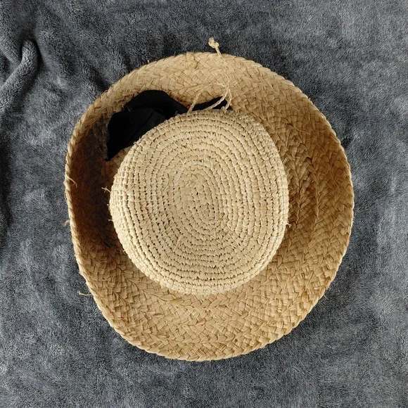 San Diego Hat Co Womens Raffia Straw Boater Hat Natural Tan Black Ribbon Band - Picture 2 of 7